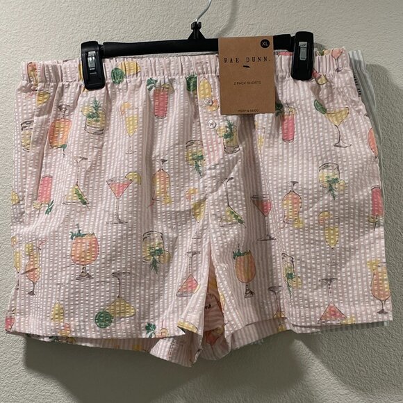 RAE DUNN (NWT) "Cheers" Set of 2 Woven Boxer Sleep Shorts, Pink/Sage - XL - Picture 2 of 12